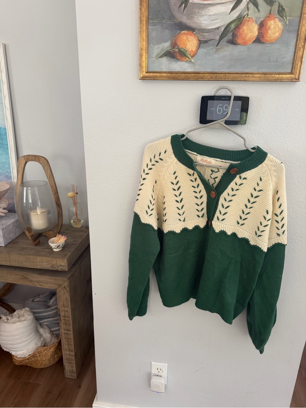 NWT Listicle Cream and Green Knit Cardigan with Wood Buttons